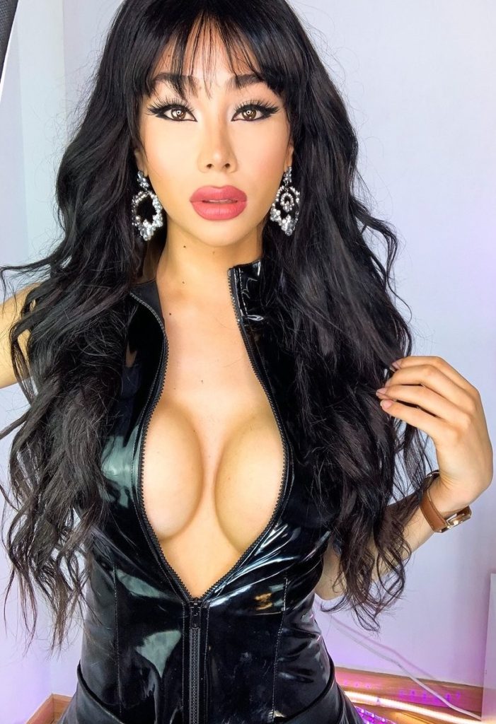 Stacy Layke black PVC cleavage