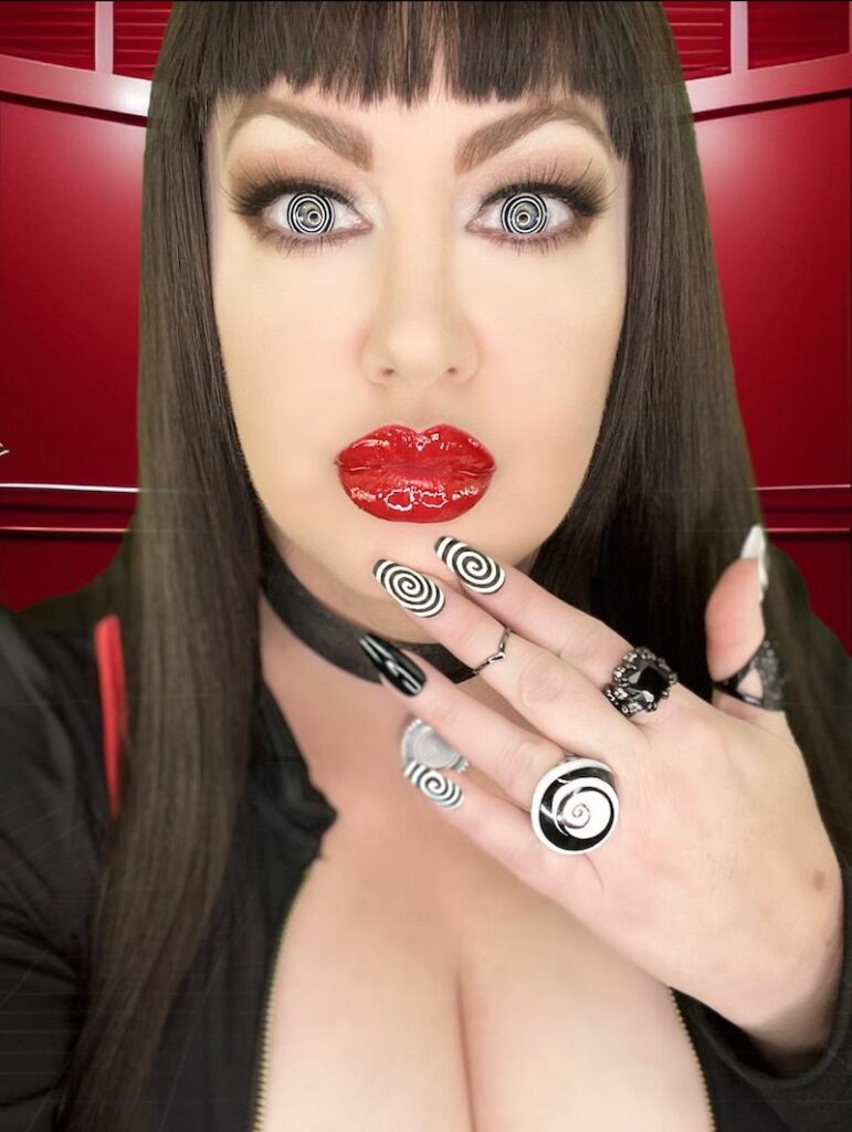 Goddess Zenova red lips spiral eyes