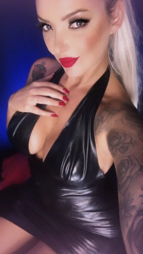 Goddess Vanessa black leather dress red lips